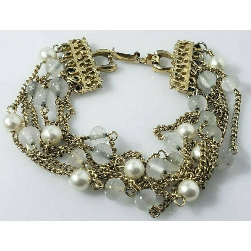CORO Bracelet Gold Tone 6 Strand Chain Cream Faux Pearl Beads Signed Vintage